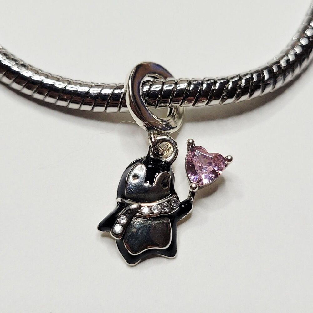 NWT Penguin Dangle Charm For Pandora Bracelet With Rhinestones And Pink Crystal